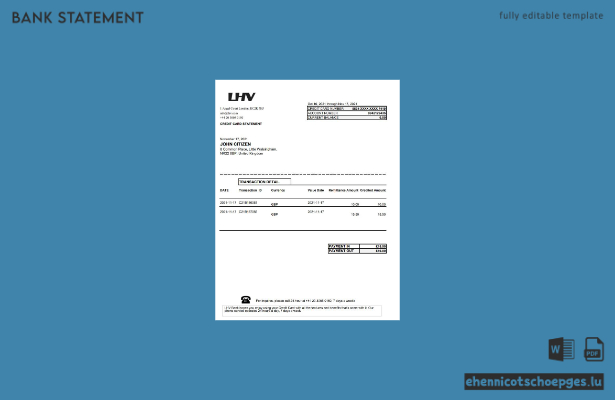 Beispiel eines Kontoauszugs der LHV Group (Vereinigtes Königreich) im Excel-Format (Vorschau)